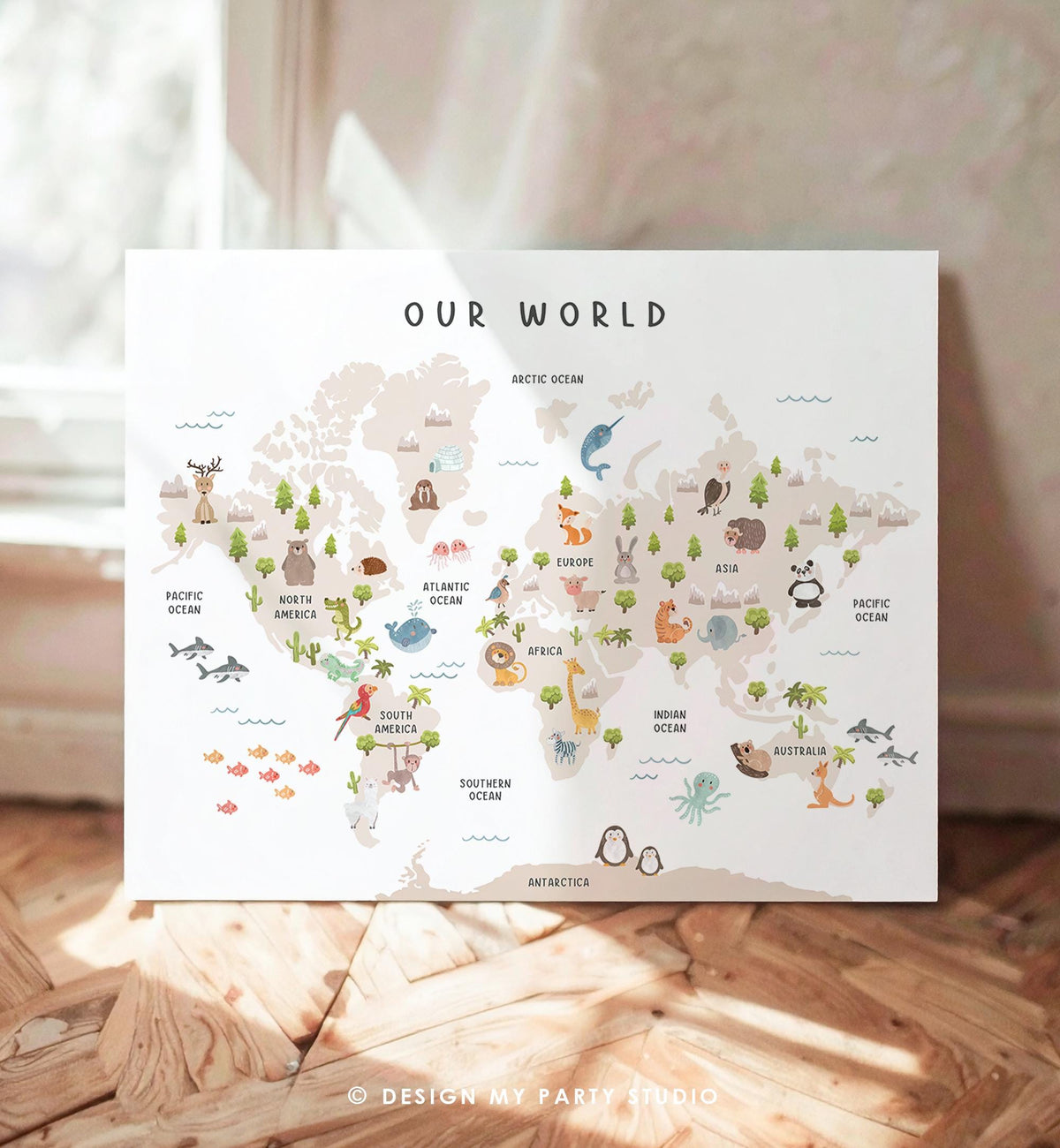 Animal World Map Poster Educational Safari Animals Nursey Classroom School Activity Kids Sign Montessori Instant Download Printable 0550