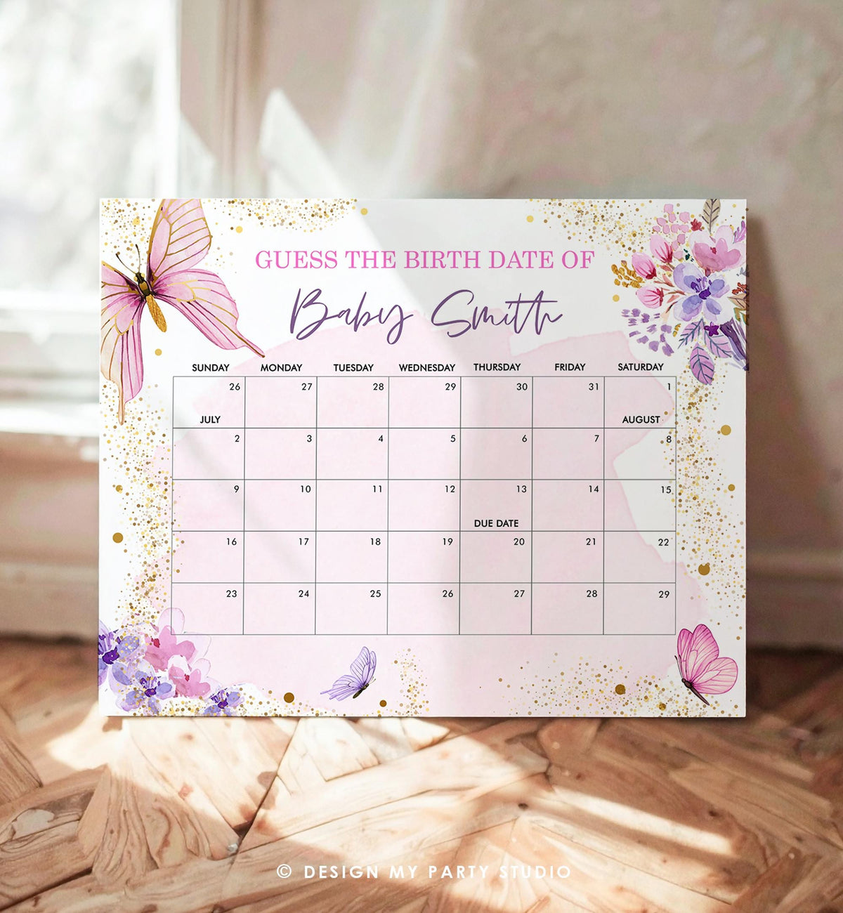 Editable Guess the Birth Date Little Butterfly Baby Shower Activity Game Guess Birthday Garden Pink Floral Gold Template Printable 0437