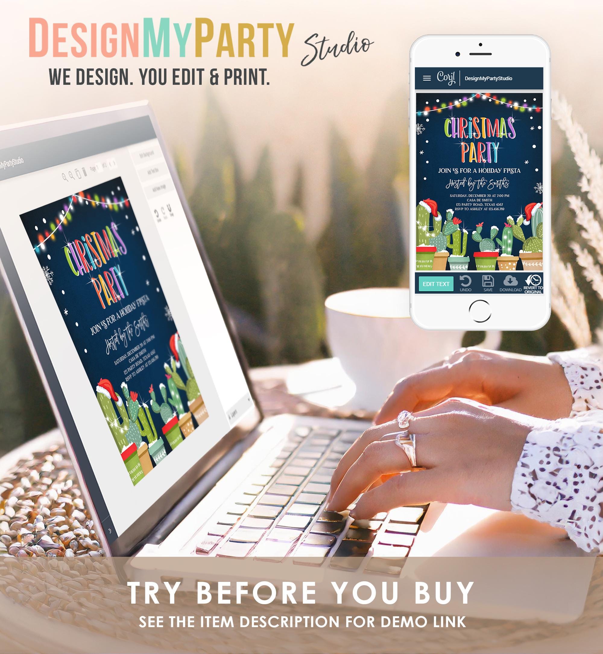 Editable Christmas Party Invitation Holiday Fiesta Cactus Mexican Feliz Navidad Xmas Party Digital Download Evite Template Printable 0273