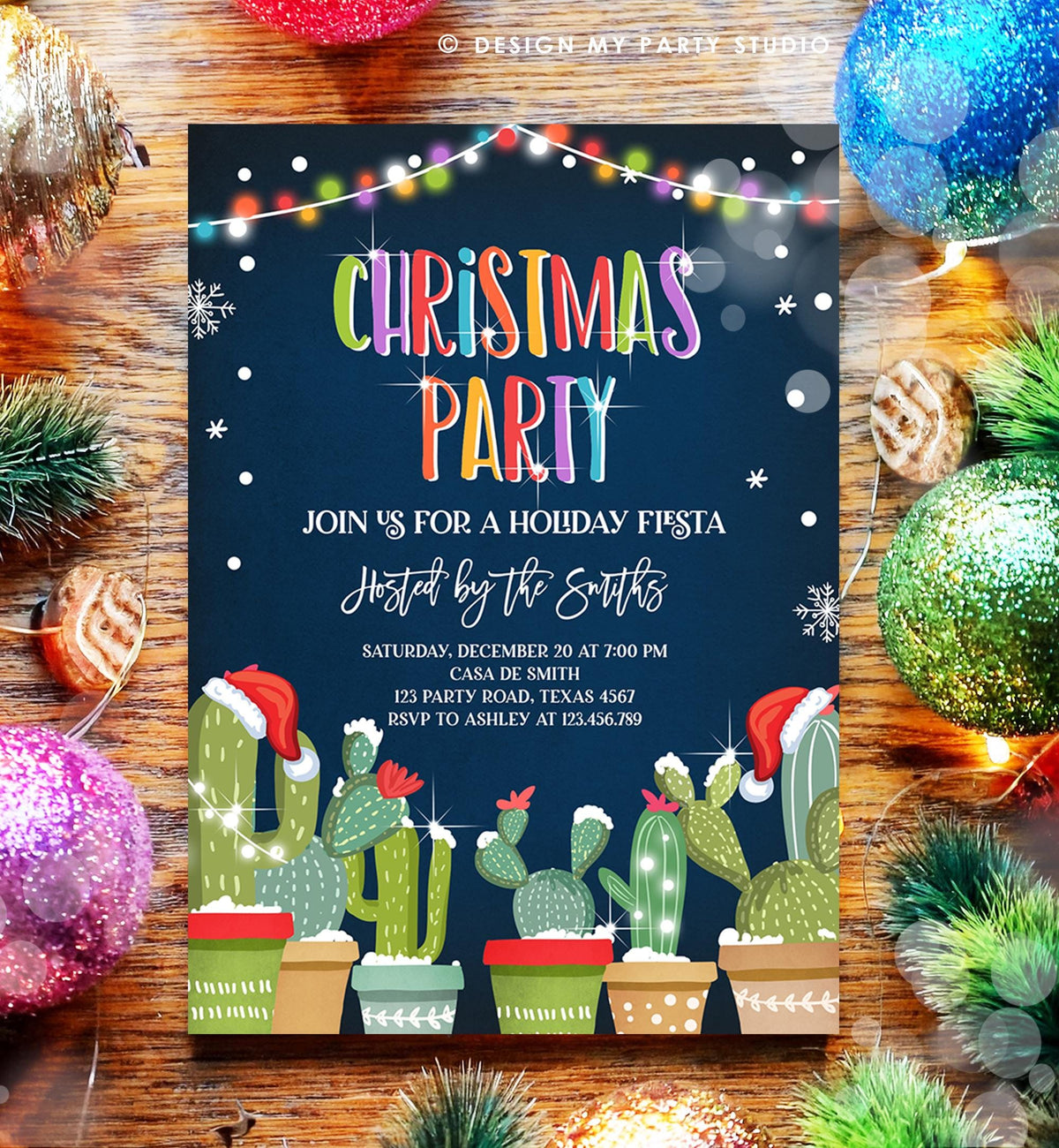 Editable Christmas Party Invitation Holiday Fiesta Cactus Mexican Feliz Navidad Xmas Party Digital Download Evite Template Printable 0273