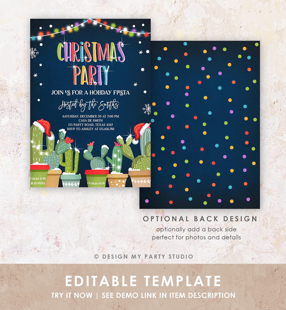 Editable Christmas Party Invitation Holiday Fiesta Cactus Mexican Feliz Navidad Xmas Party Digital Download Evite Template Printable 0273