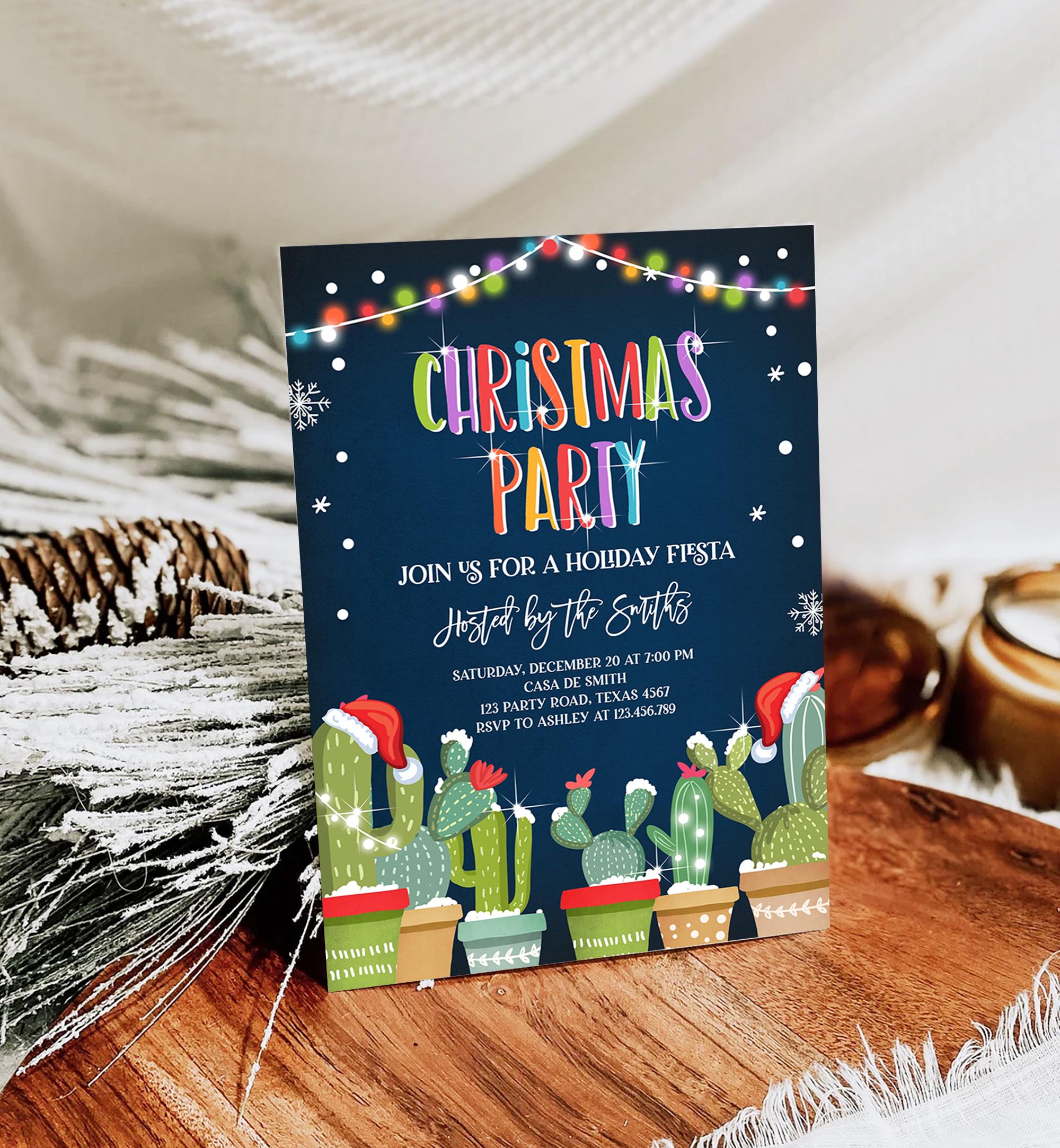 Editable Christmas Party Invitation Holiday Fiesta Cactus Mexican Feliz Navidad Xmas Party Digital Download Evite Template Printable 0273
