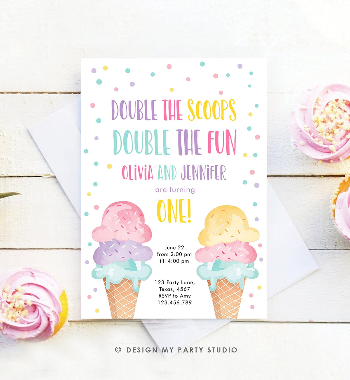 Editable Twin Ice Cream Birthday Invitation First Birthday Double the Scoops Double Fun Twins Purple Pink Girls Template Printable 0243