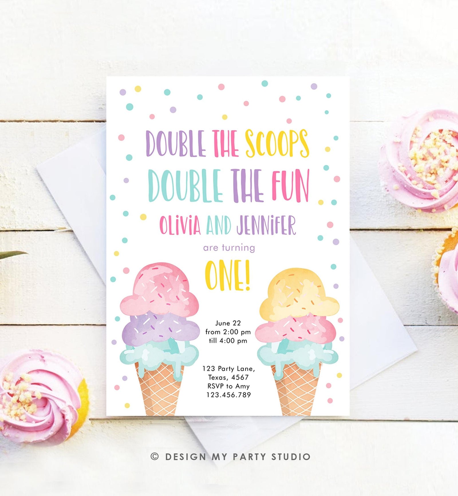 Editable Twin Ice Cream Birthday Invitation First Birthday Double the Scoops Double Fun Twins Purple Pink Girls Template Printable 0243