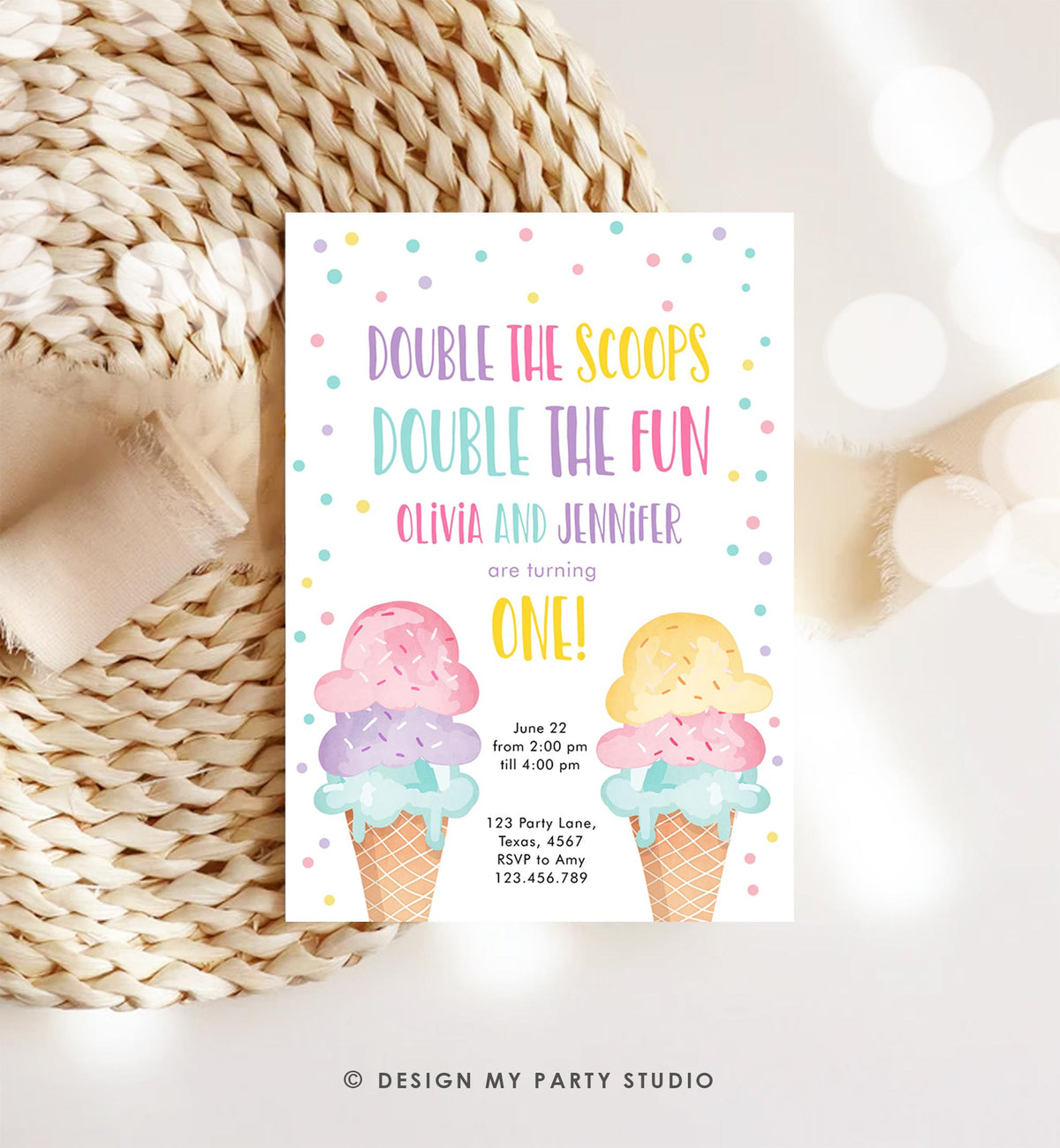 Editable Twin Ice Cream Birthday Invitation First Birthday Double the Scoops Double Fun Twins Purple Pink Girls Template Printable 0243