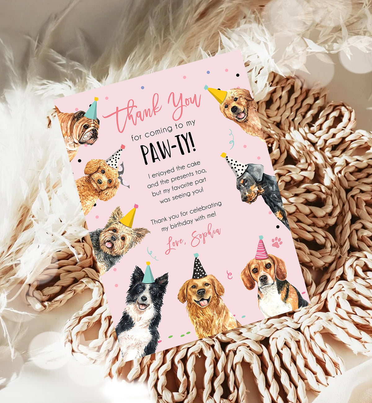 Editable Dog Birthday Thank You Card Puppy Birthday Note Pink Girl Pawty Birthday Animal Pet Vet Digital Download Template Printable 0384