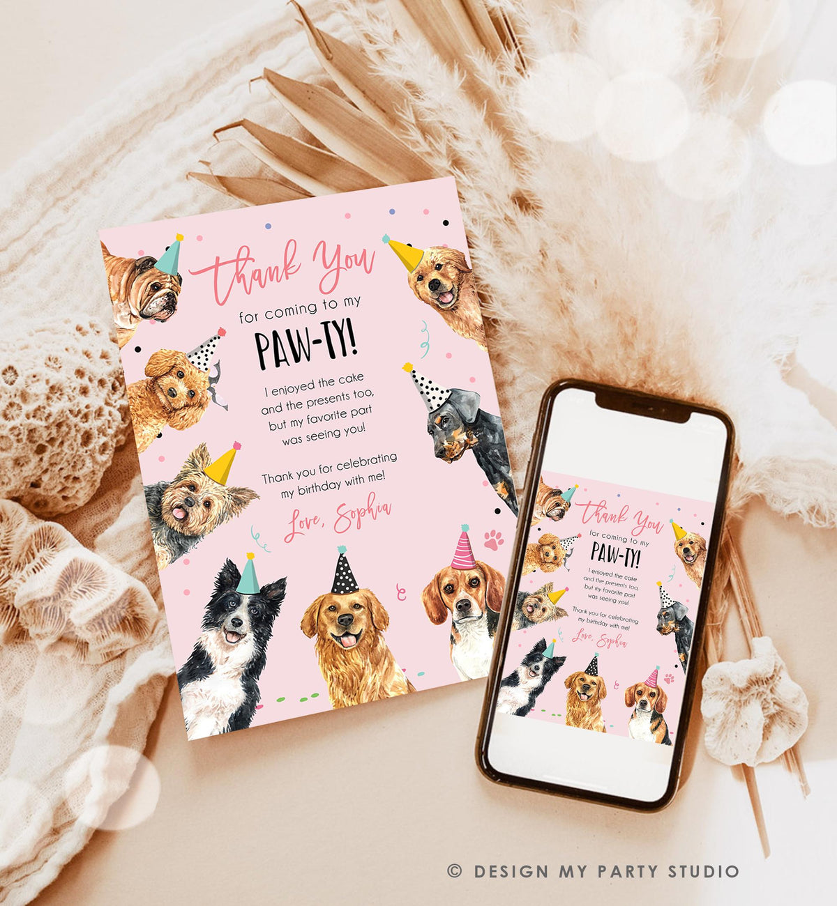 Editable Dog Birthday Thank You Card Puppy Birthday Note Pink Girl Pawty Birthday Animal Pet Vet Digital Download Template Printable 0384