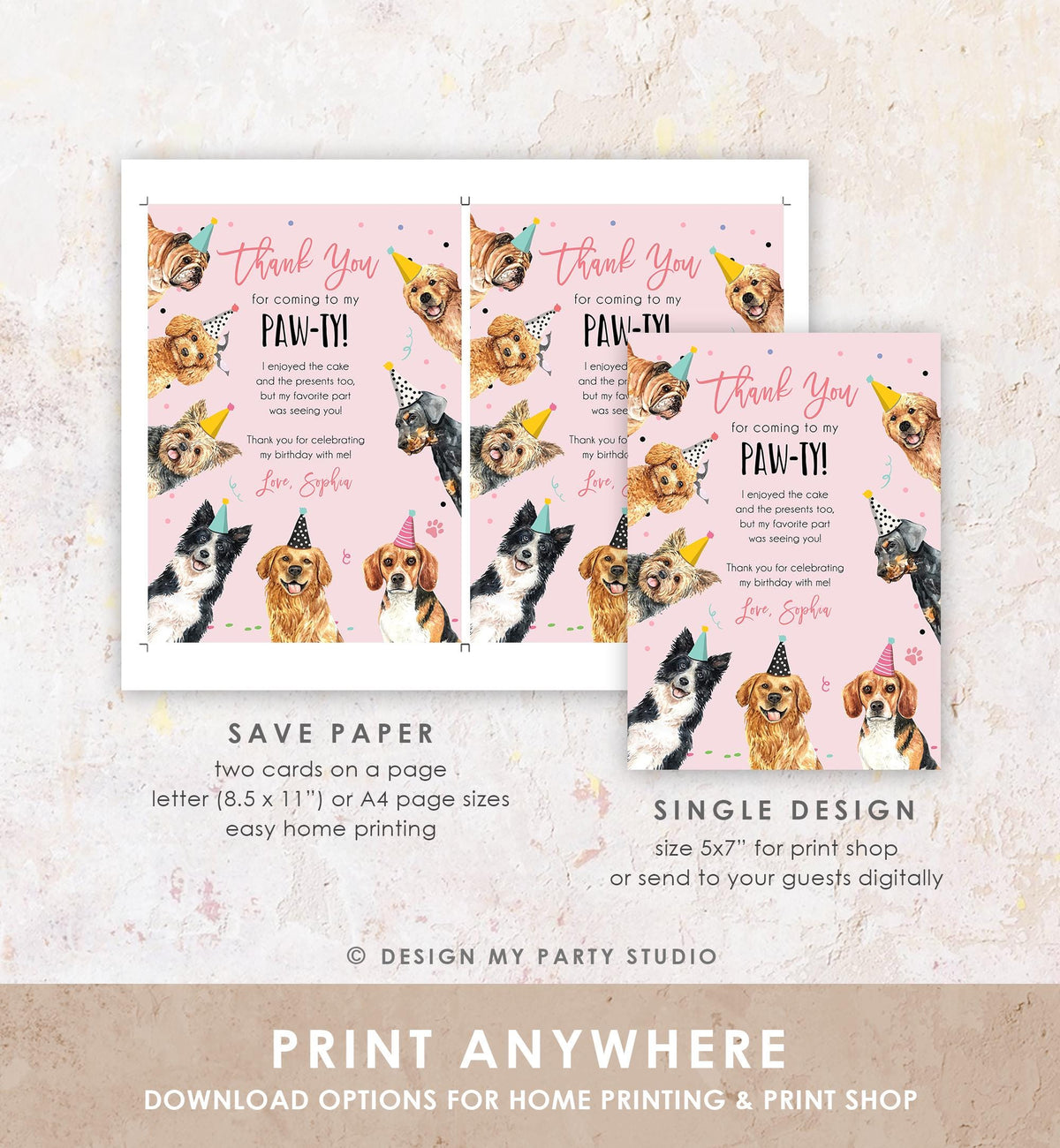 Editable Dog Birthday Thank You Card Puppy Birthday Note Pink Girl Pawty Birthday Animal Pet Vet Digital Download Template Printable 0384