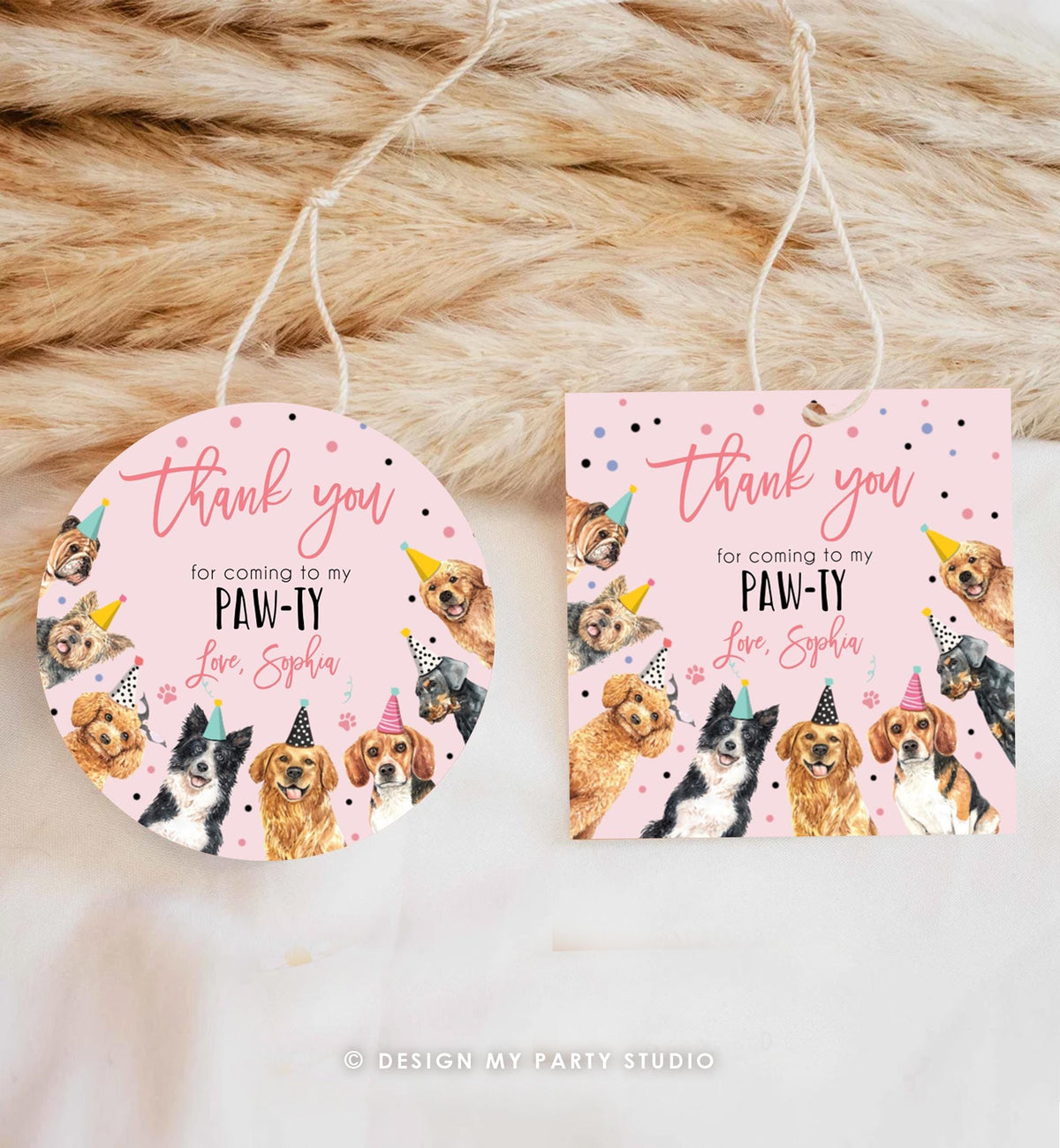 Editable Puppy Favor Tag Puppy Dog Birthday Thank you tag Girl Pink Puppies Pup Pet Vet Animal Doggy Shelter Digital Template Printable 0384