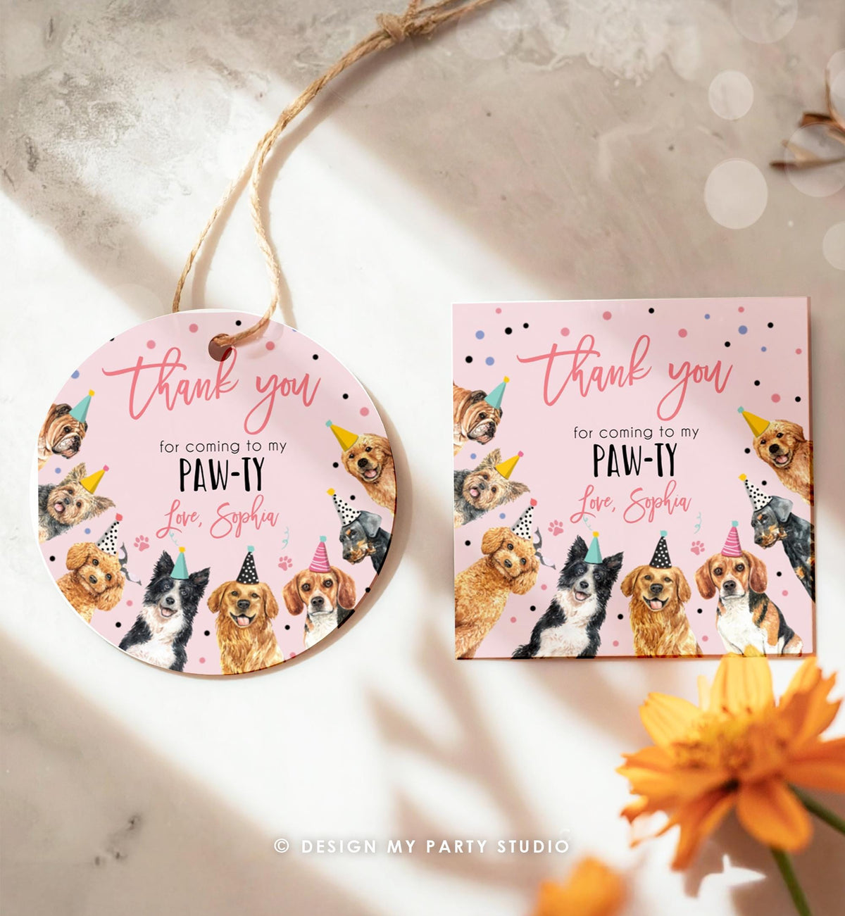Editable Puppy Favor Tag Puppy Dog Birthday Thank you tag Girl Pink Puppies Pup Pet Vet Animal Doggy Shelter Digital Template Printable 0384