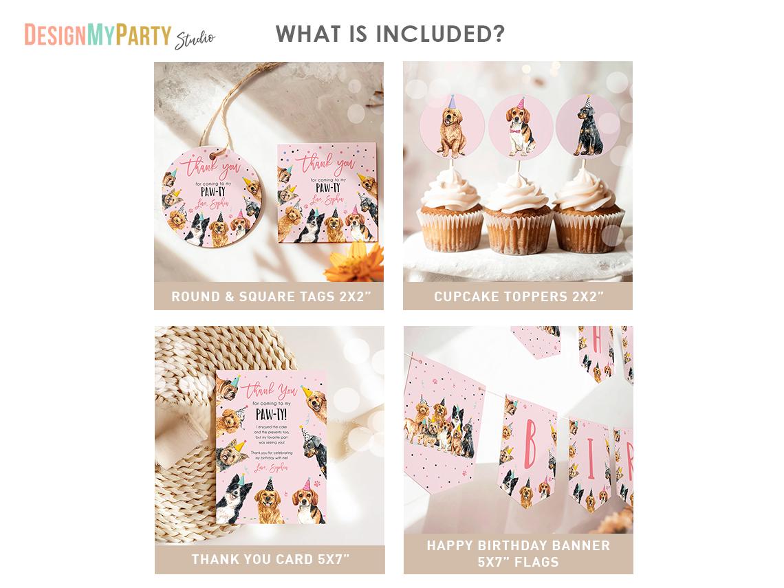 Dog Birthday Invitation Bundle Dogs Puppy Party Pink Birthday Come Sit Stay Girl 1st Birthday Digital Download Template Printable 0384