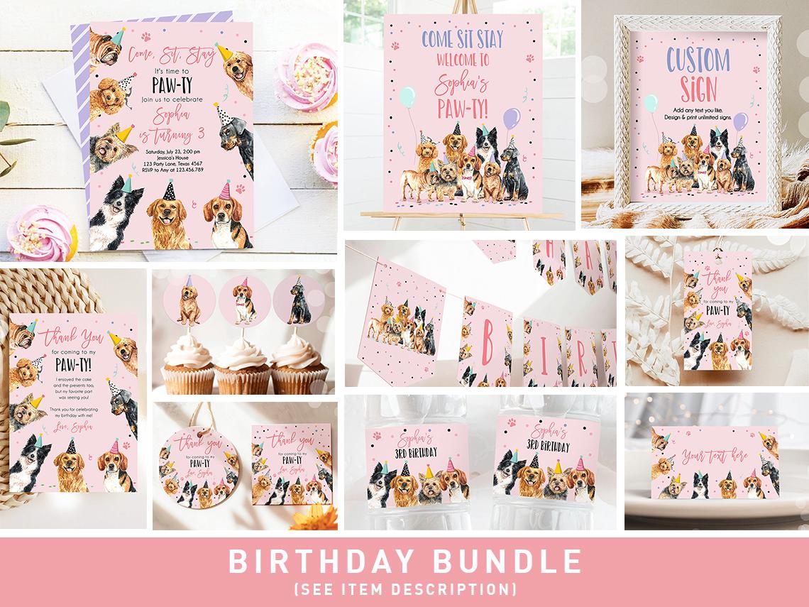 Dog Birthday Invitation Bundle Dogs Puppy Party Pink Birthday Come Sit Stay Girl 1st Birthday Digital Download Template Printable 0384