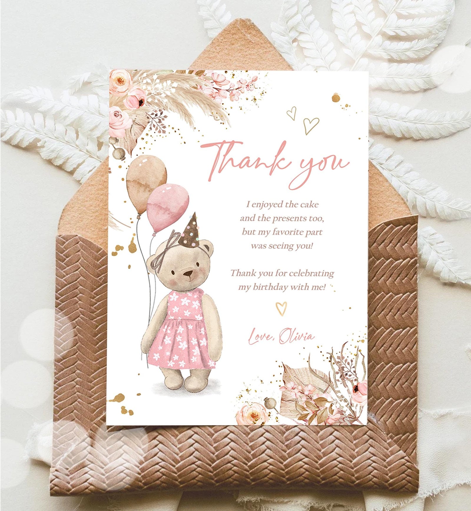 Editable Cute Teddy Bear Thank You Card Rustic Boho Pink Pampas Grass Summer Picnic Note Girl Birthday Digital Template Printable 0421