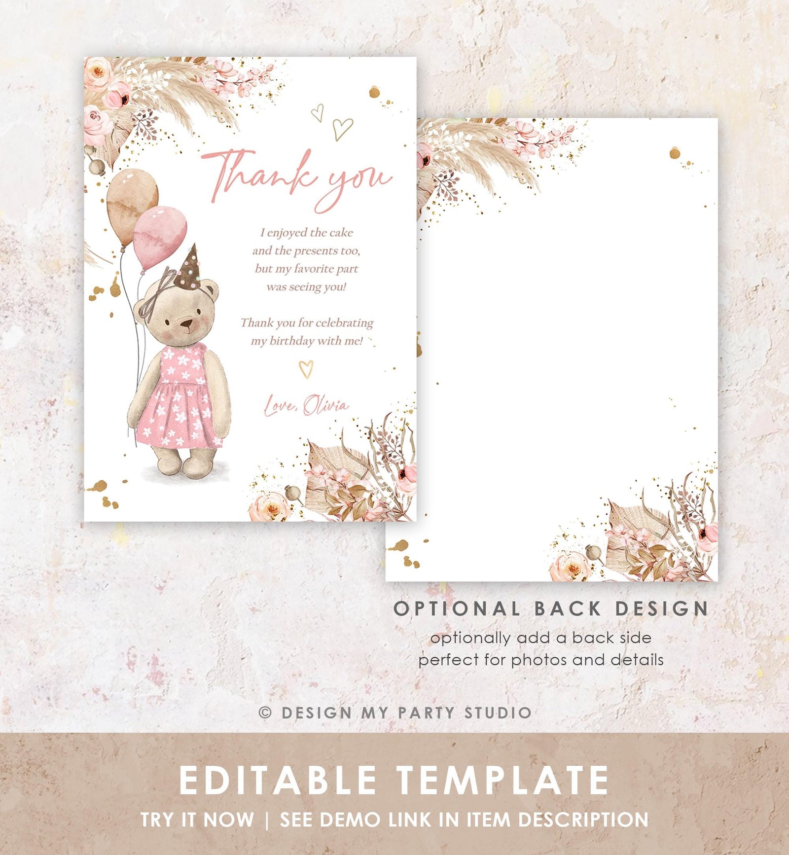 Editable Cute Teddy Bear Thank You Card Rustic Boho Pink Pampas Grass Summer Picnic Note Girl Birthday Digital Template Printable 0421