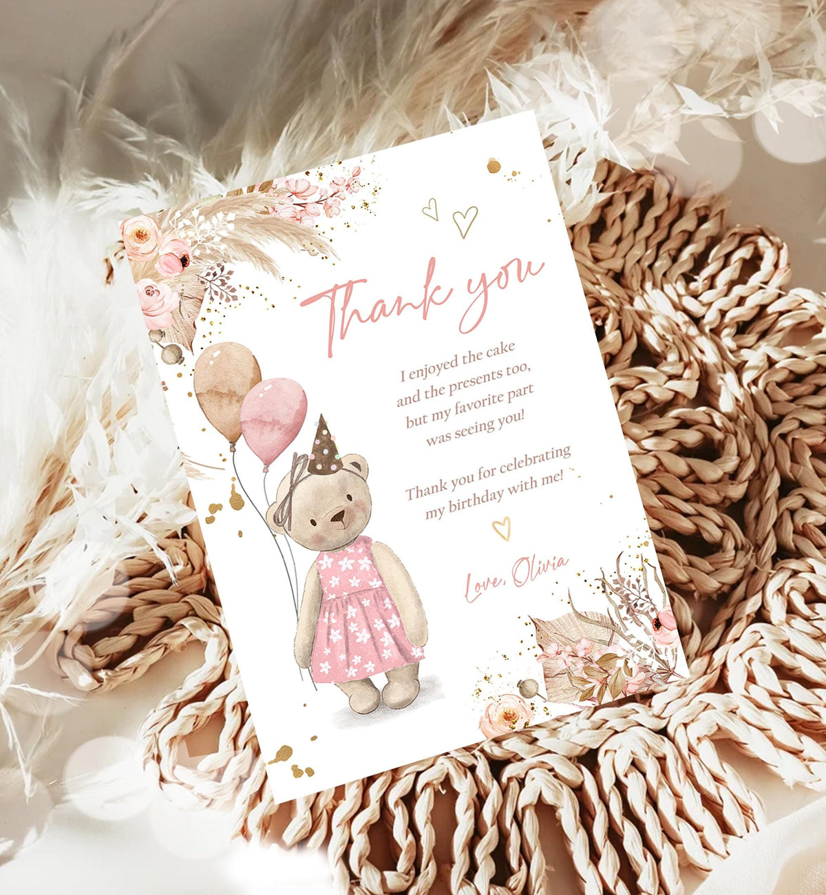 Editable Cute Teddy Bear Thank You Card Rustic Boho Pink Pampas Grass Summer Picnic Note Girl Birthday Digital Template Printable 0421