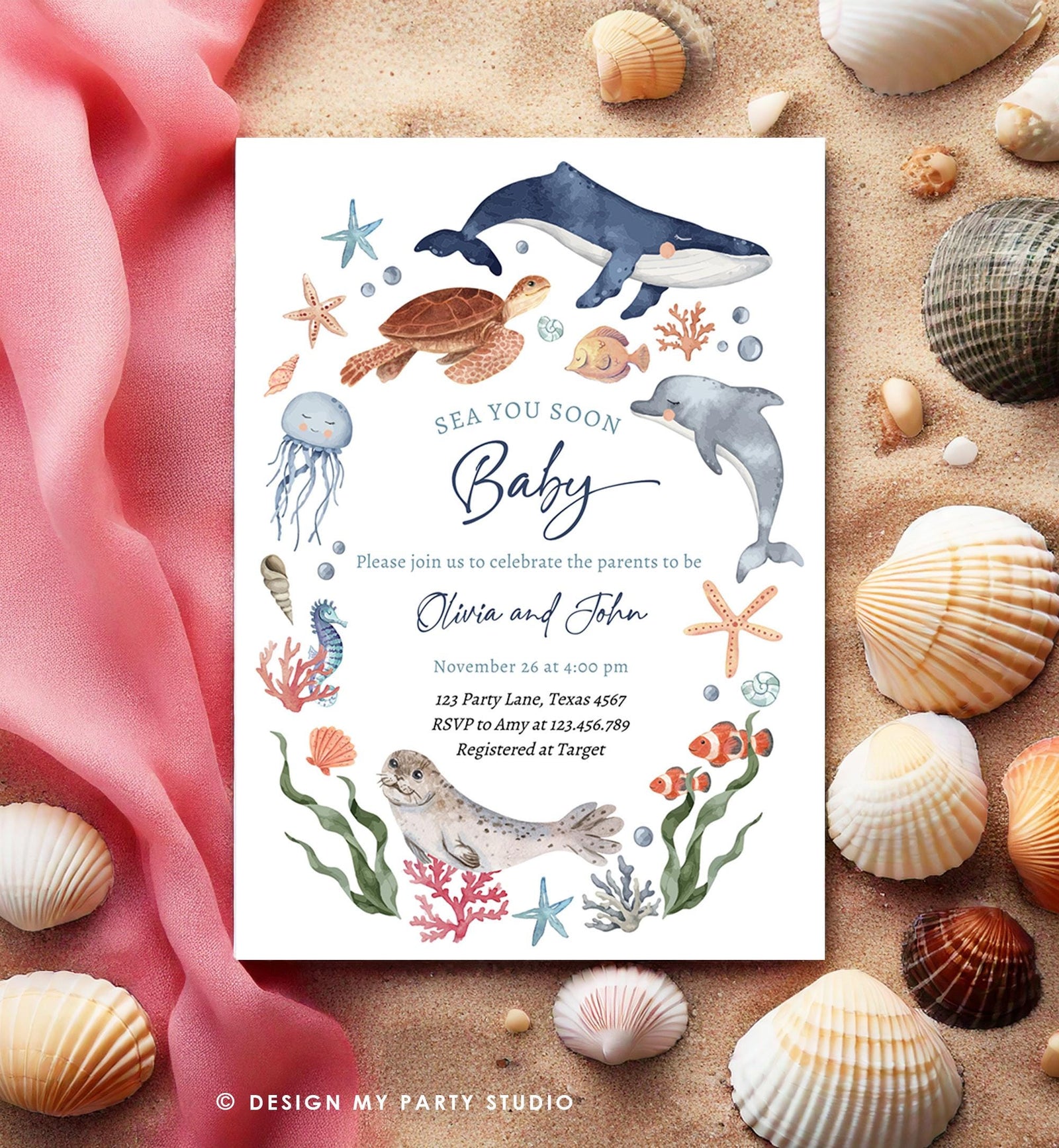 Editable Sea You Soon Baby Shower Invitation Nautical Shower Under The Sea Sea Life Ocean Animals Digital Download Template Printable 0504