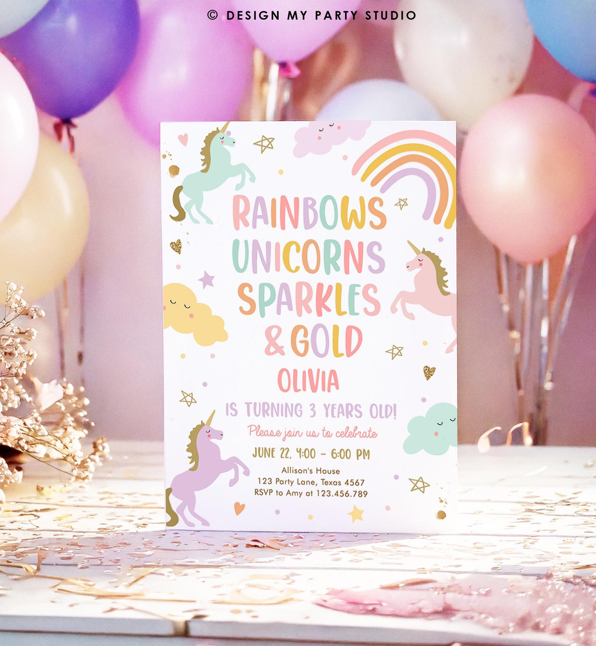 Editable Unicorn Birthday Invitation 3rd Third Birthday Rainbows Unicorns Sparkles and Gold Magical Digital Girl Template Printable 0426
