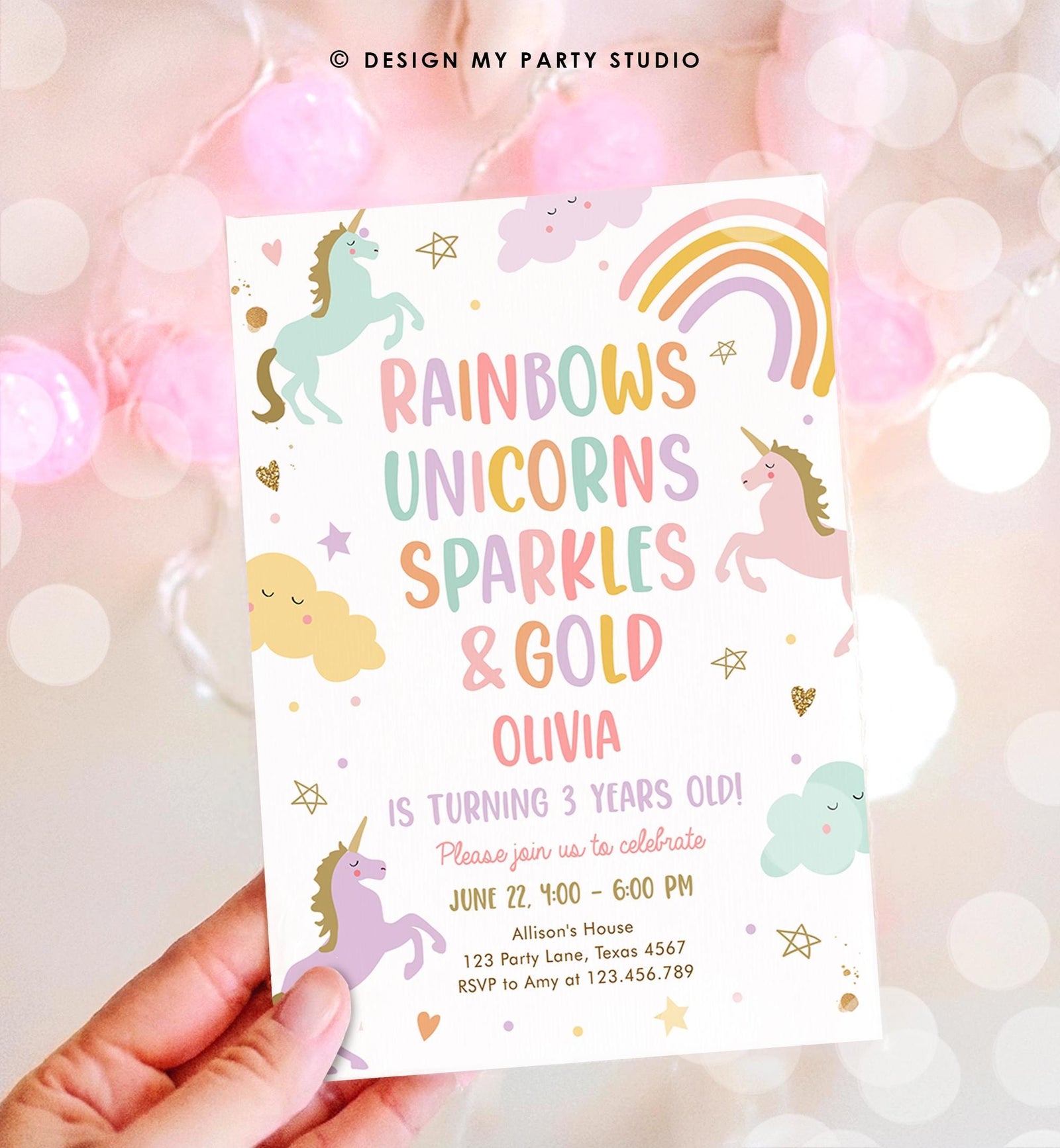 Editable Unicorn Birthday Invitation 3rd Third Birthday Rainbows Unicorns Sparkles and Gold Magical Digital Girl Template Printable 0426