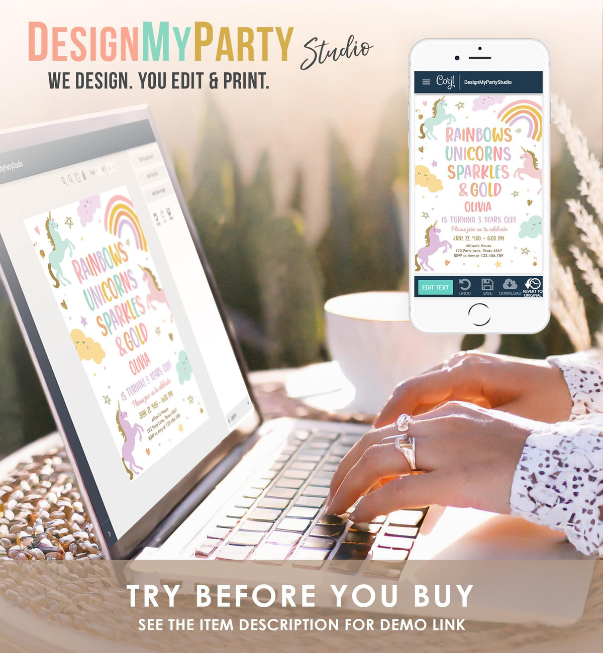 Editable Unicorn Birthday Invitation 3rd Third Birthday Rainbows Unicorns Sparkles and Gold Magical Digital Girl Template Printable 0426