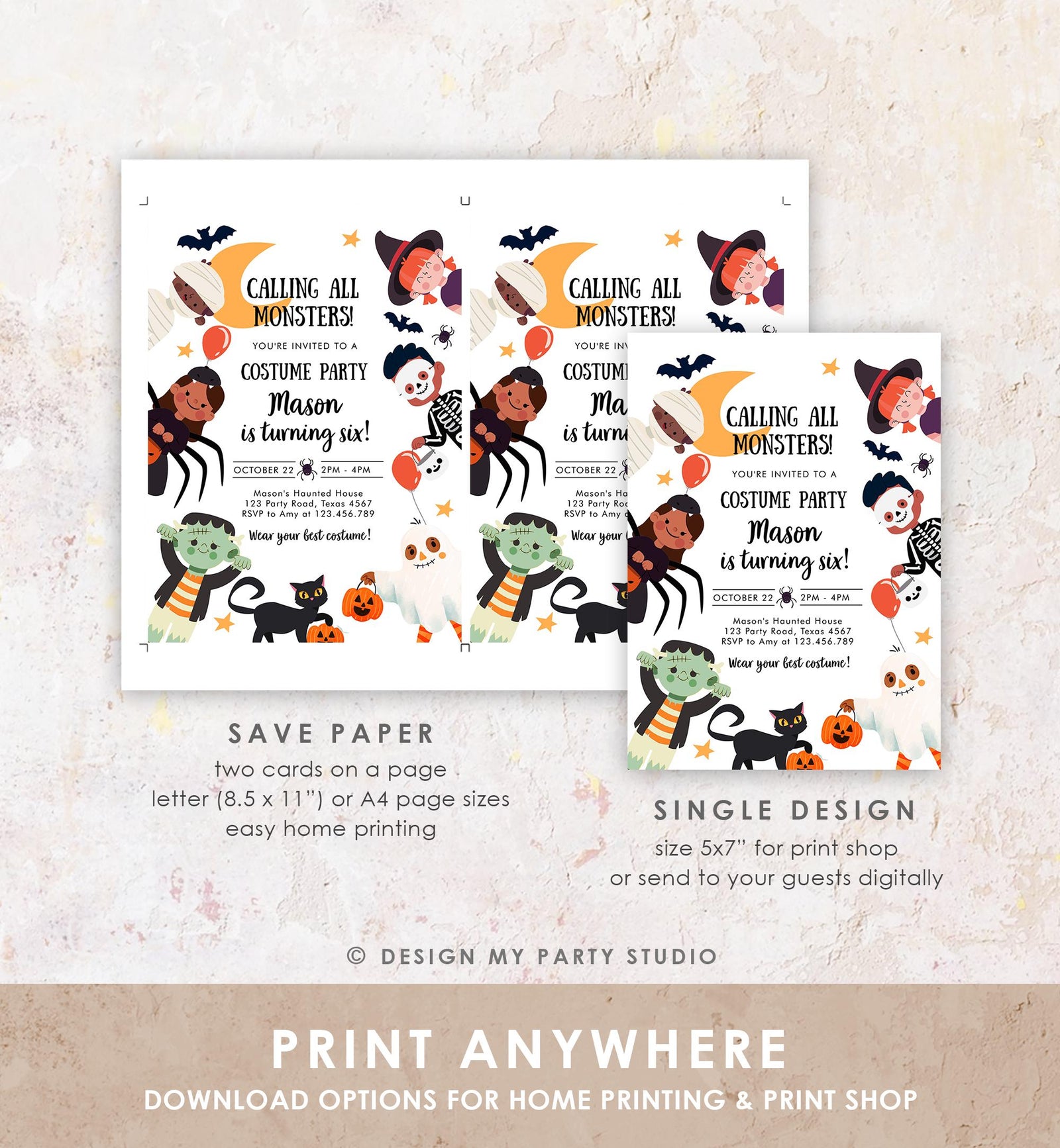 Editable Halloween Party Invitation Birthday Kids Costume Party Spooky Celebration Boy Girl Digital Evite Template Printable 0473 0009