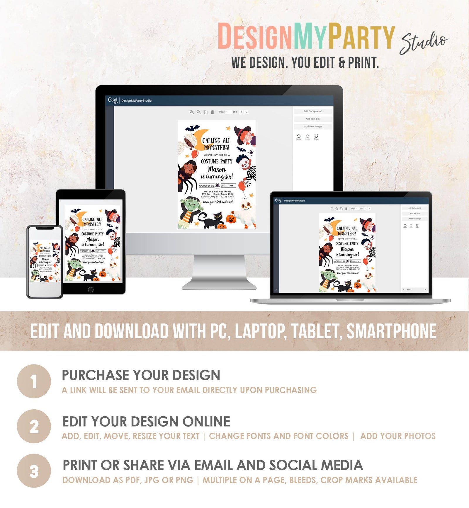 Editable Halloween Party Invitation Birthday Kids Costume Party Spooky Celebration Boy Girl Digital Evite Template Printable 0473 0009