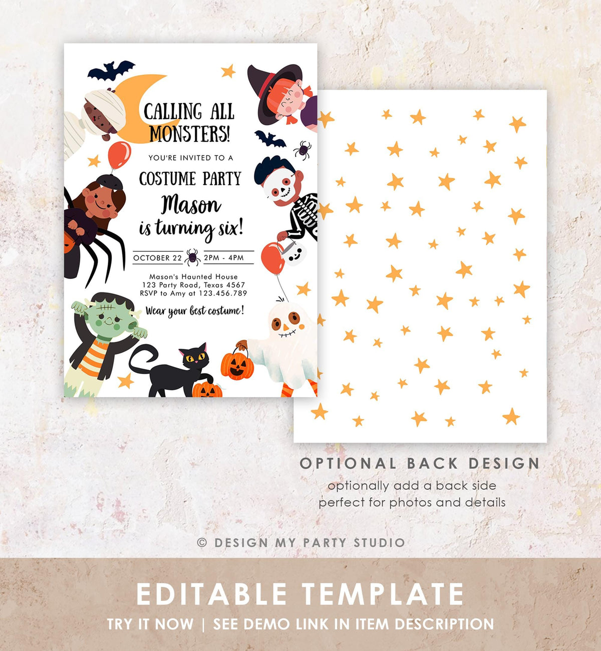 Editable Halloween Party Invitation Birthday Kids Costume Party Spooky Celebration Boy Girl Digital Evite Template Printable 0473 0009