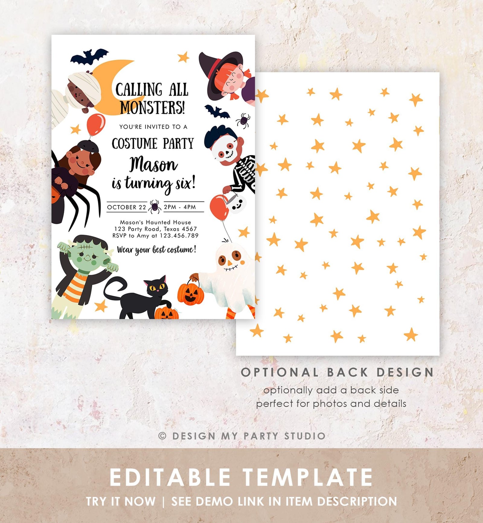 Editable Halloween Party Invitation Birthday Kids Costume Party Spooky Celebration Boy Girl Digital Evite Template Printable 0473 0009