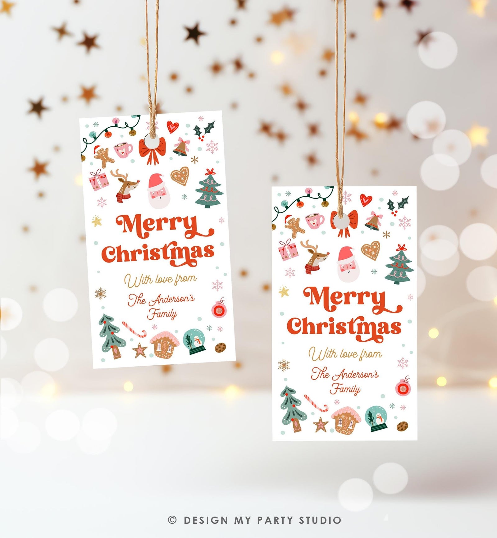Editable Merry Christmas Favor Tag Winter Holiday Gift Tag Label Family Xmas Santa Claus Reindeer Cookies Digital Template Printable 0529