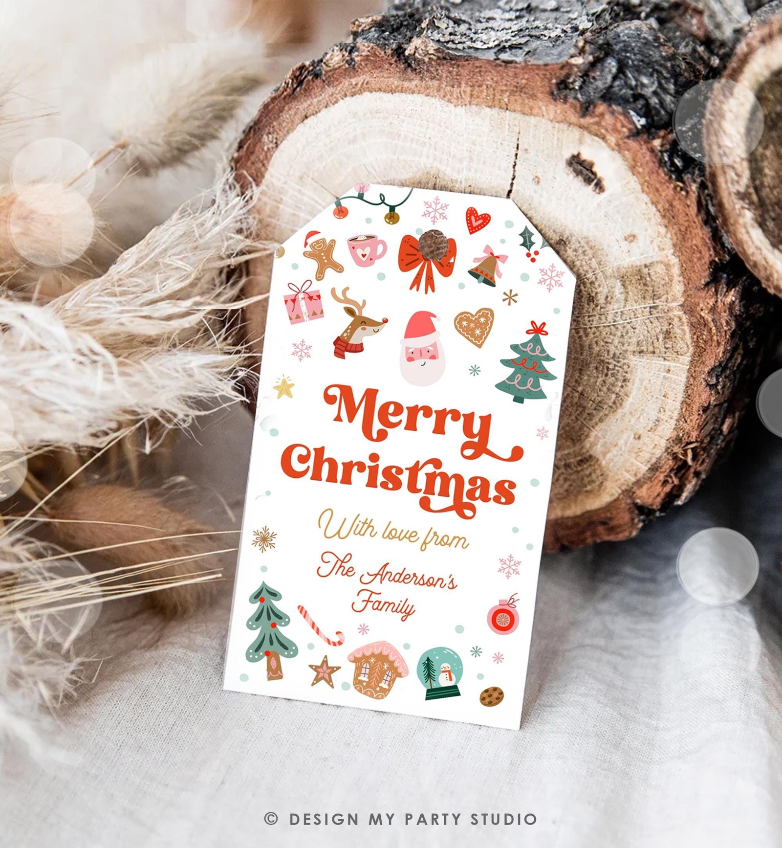 Editable Merry Christmas Favor Tag Winter Holiday Gift Tag Label Family Xmas Santa Claus Reindeer Cookies Digital Template Printable 0529