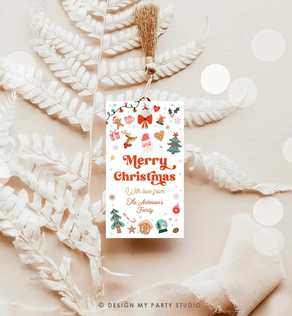 Editable Merry Christmas Favor Tag Winter Holiday Gift Tag Label Family Xmas Santa Claus Reindeer Cookies Digital Template Printable 0529