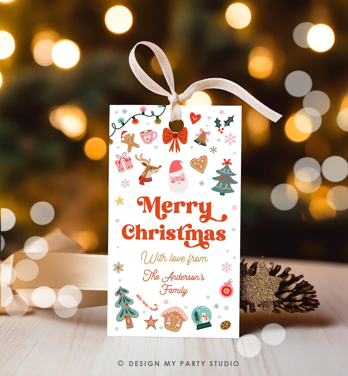 Editable Merry Christmas Favor Tag Winter Holiday Gift Tag Label Family Xmas Santa Claus Reindeer Cookies Digital Template Printable 0529