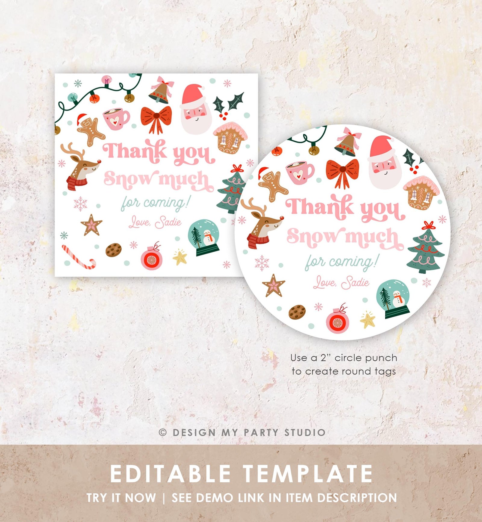 Editable Thank You Snow Much Favor Tag Sticker Christmas Winter Wonderland Red Pink Girl First Birthday Digital Template Printable 0529