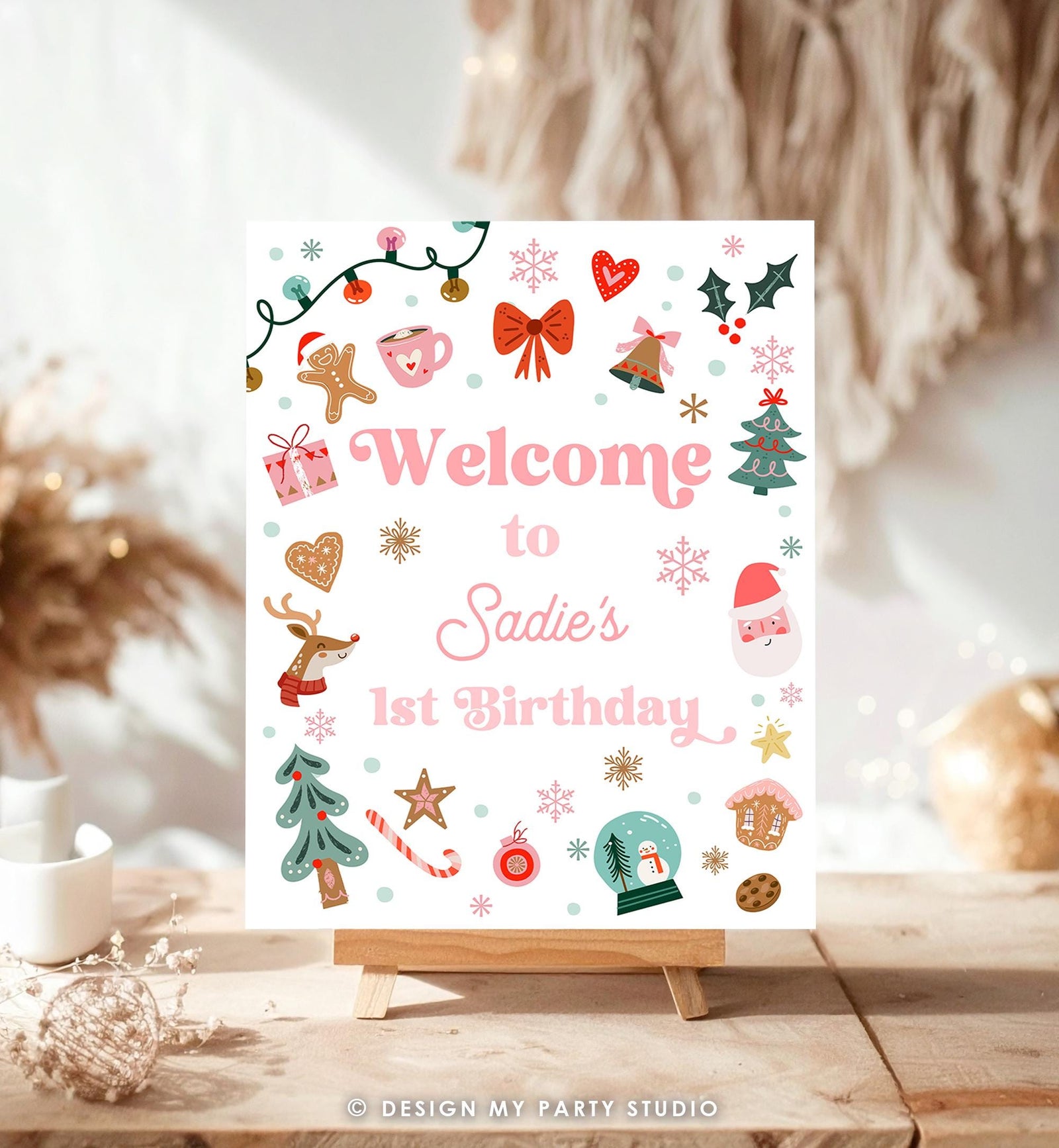Editable Christmas Welcome Sign Winter Girl Birthday Oh What Fun Girl Pink Santa Claus Cookies Holiday Party Digital Template Printable 0529