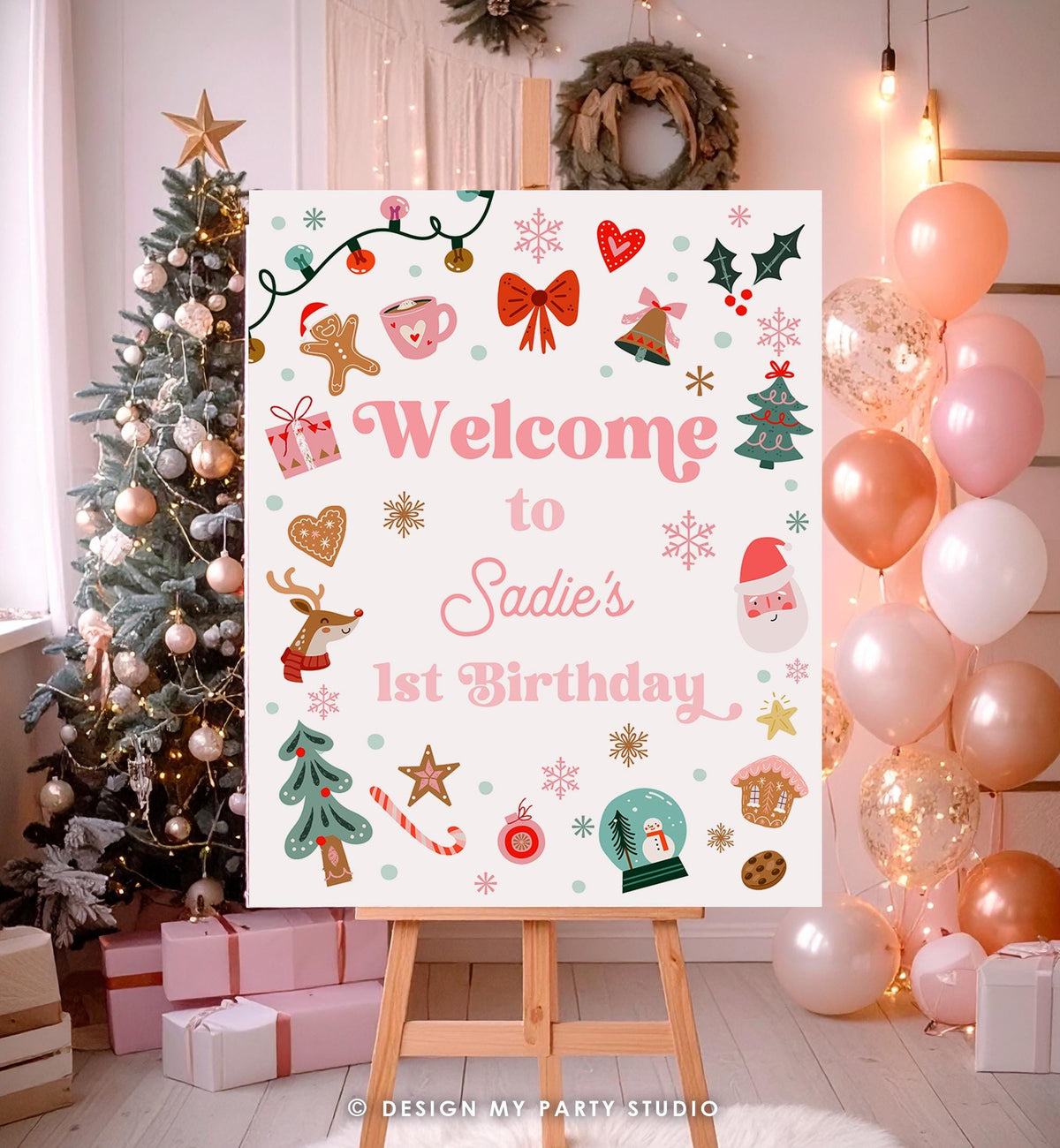 Editable Christmas Welcome Sign Winter Girl Birthday Oh What Fun Girl Pink Santa Claus Cookies Holiday Party Digital Template Printable 0529
