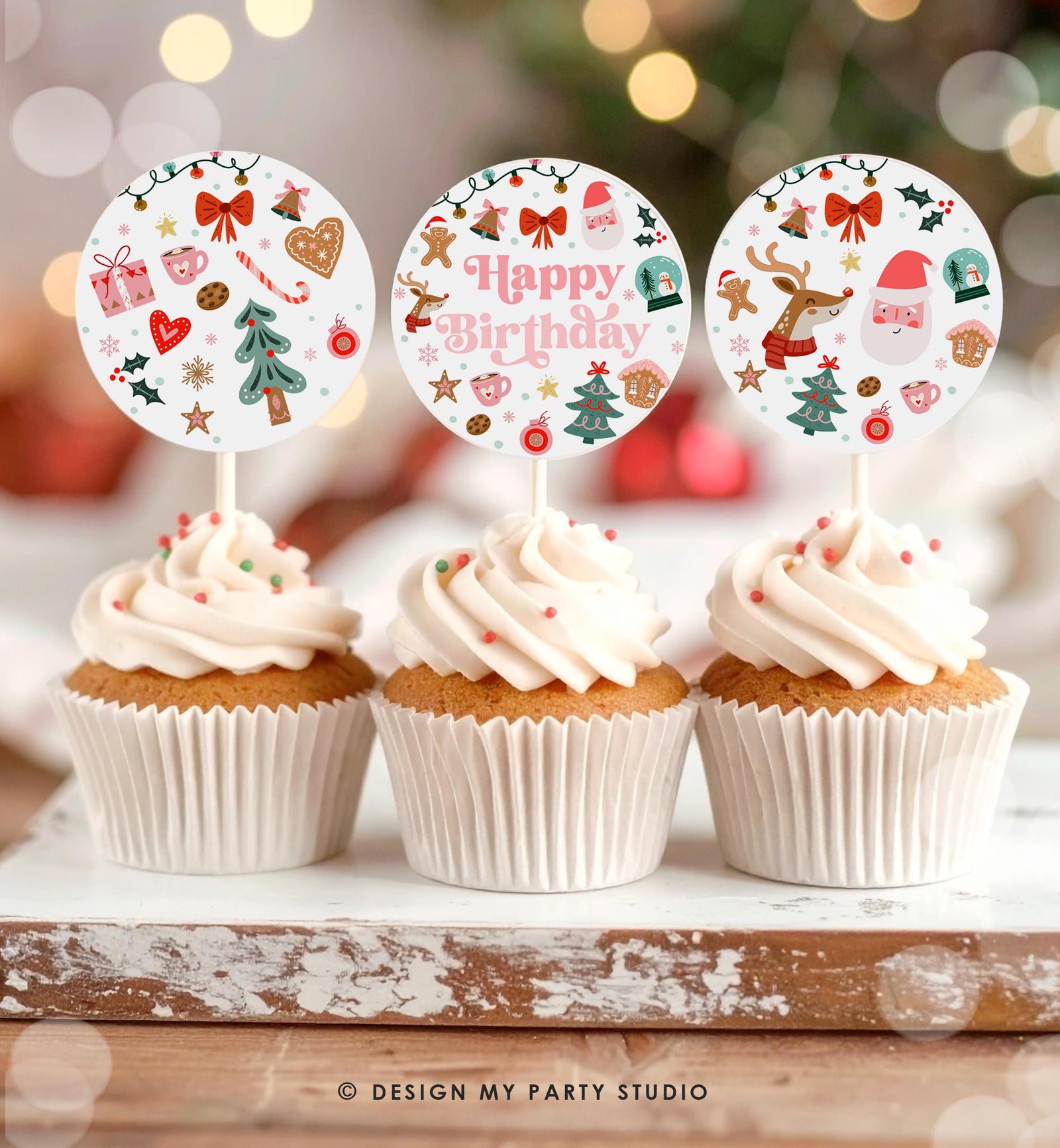 Christmas Cupcake Toppers Winter Onederland Birthday Party Decorations Oh What Fun Girl Pink Stickers Tags Download Digital PRINTABLE 0529