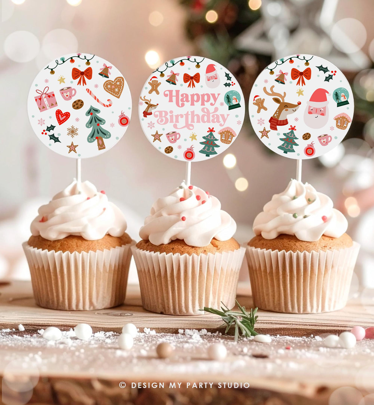 Christmas Cupcake Toppers Winter Onederland Birthday Party Decorations Oh What Fun Girl Pink Stickers Tags Download Digital PRINTABLE 0529