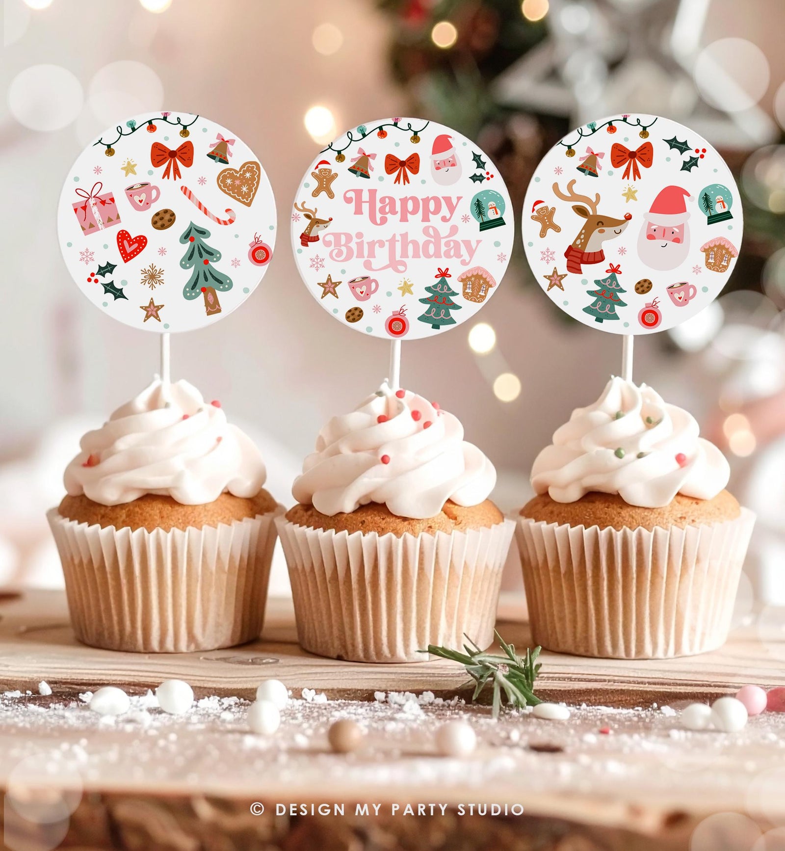 Christmas Cupcake Toppers Winter Onederland Birthday Party Decorations Oh What Fun Girl Pink Stickers Tags Download Digital PRINTABLE 0529