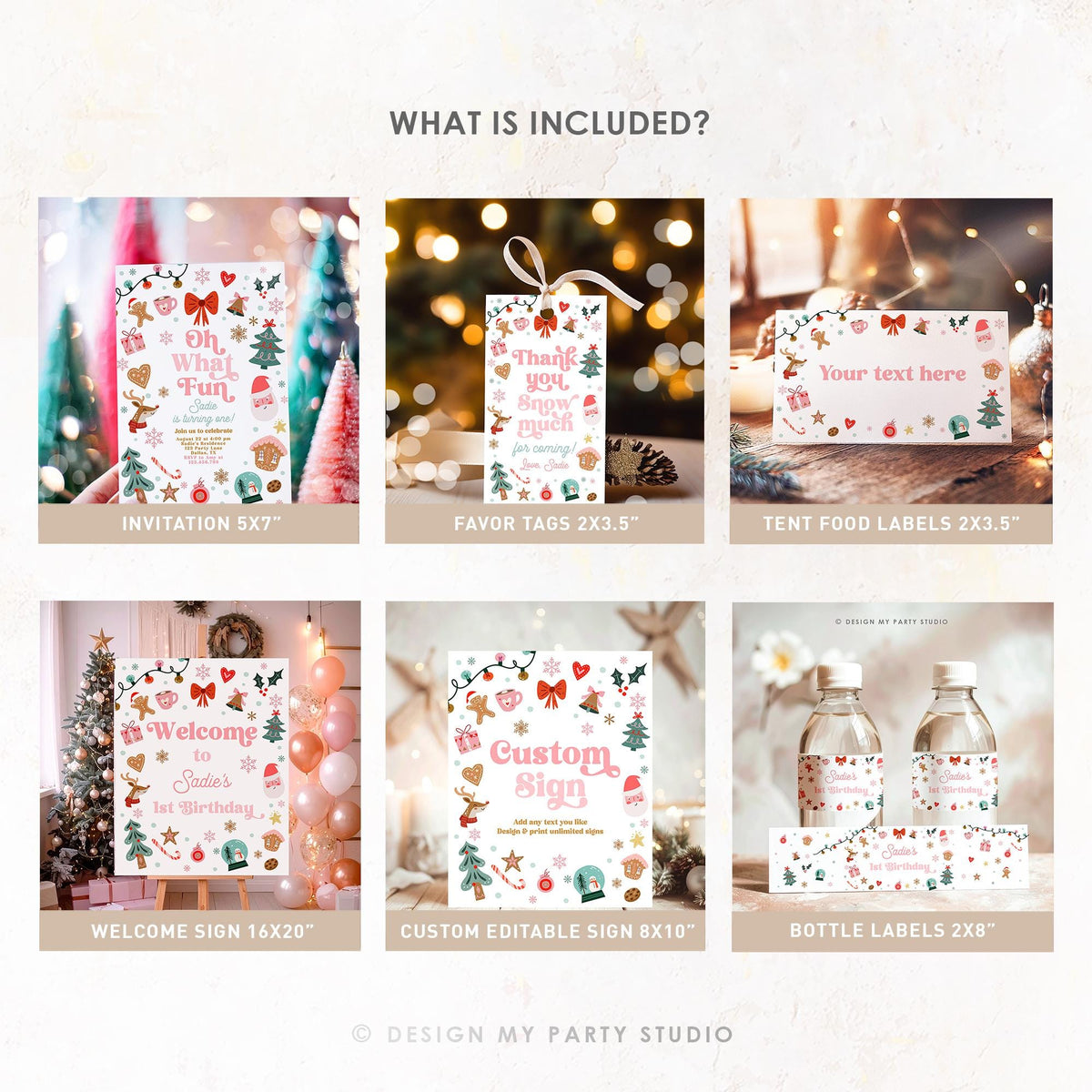 Christmas Birthday Bundle Winter Onederland Girl Pink First Birthday Wonderland Santa Gingerbread Cookies Digital Template Printable 0529