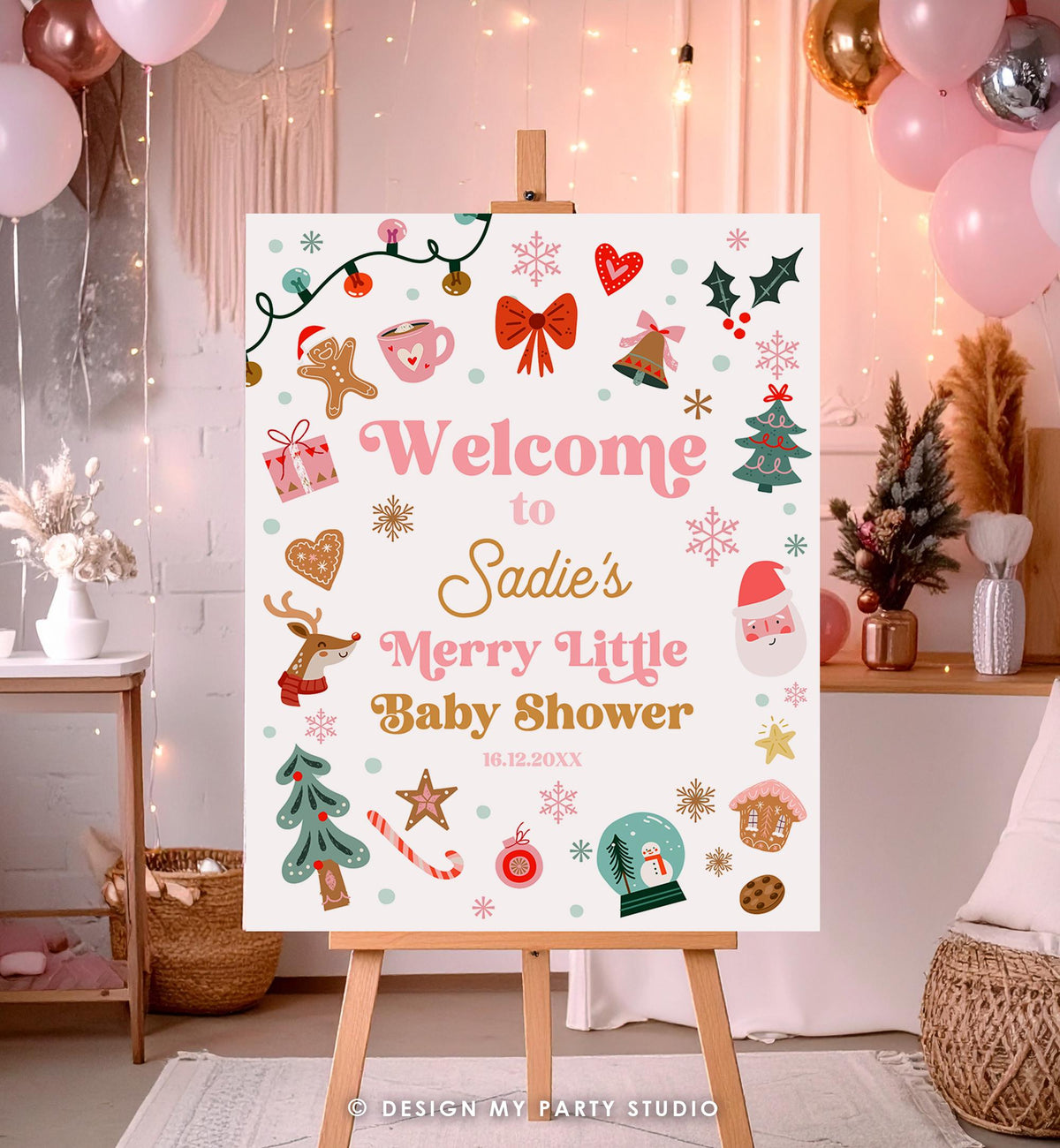 Editable Christmas Welcome Sign Winter Little Merry Baby Shower Girl Pink Holiday Party Couples Shower Digital Template Printable 0529