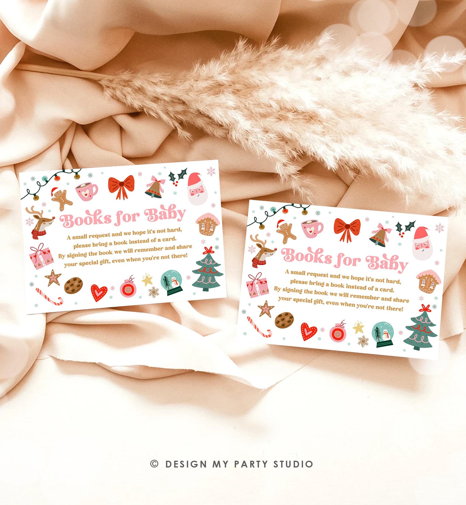 Editable Bring a Book Card Christmas Baby It's Cold Outside Baby Shower Winter Snow Girl Pink Books Request Digital Template Printable 0529