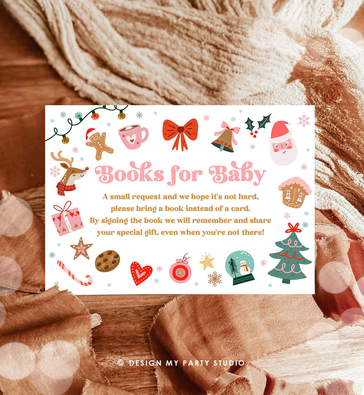 Editable Bring a Book Card Christmas Baby It's Cold Outside Baby Shower Winter Snow Girl Pink Books Request Digital Template Printable 0529
