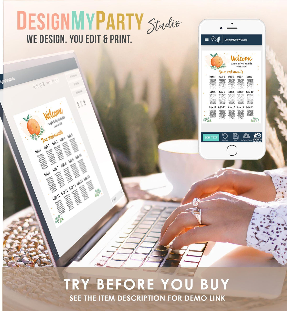 Editable Little Cutie Seating Chart Baby Shower Seating Sign On the Way Orange Digital Download Template Printable 0430