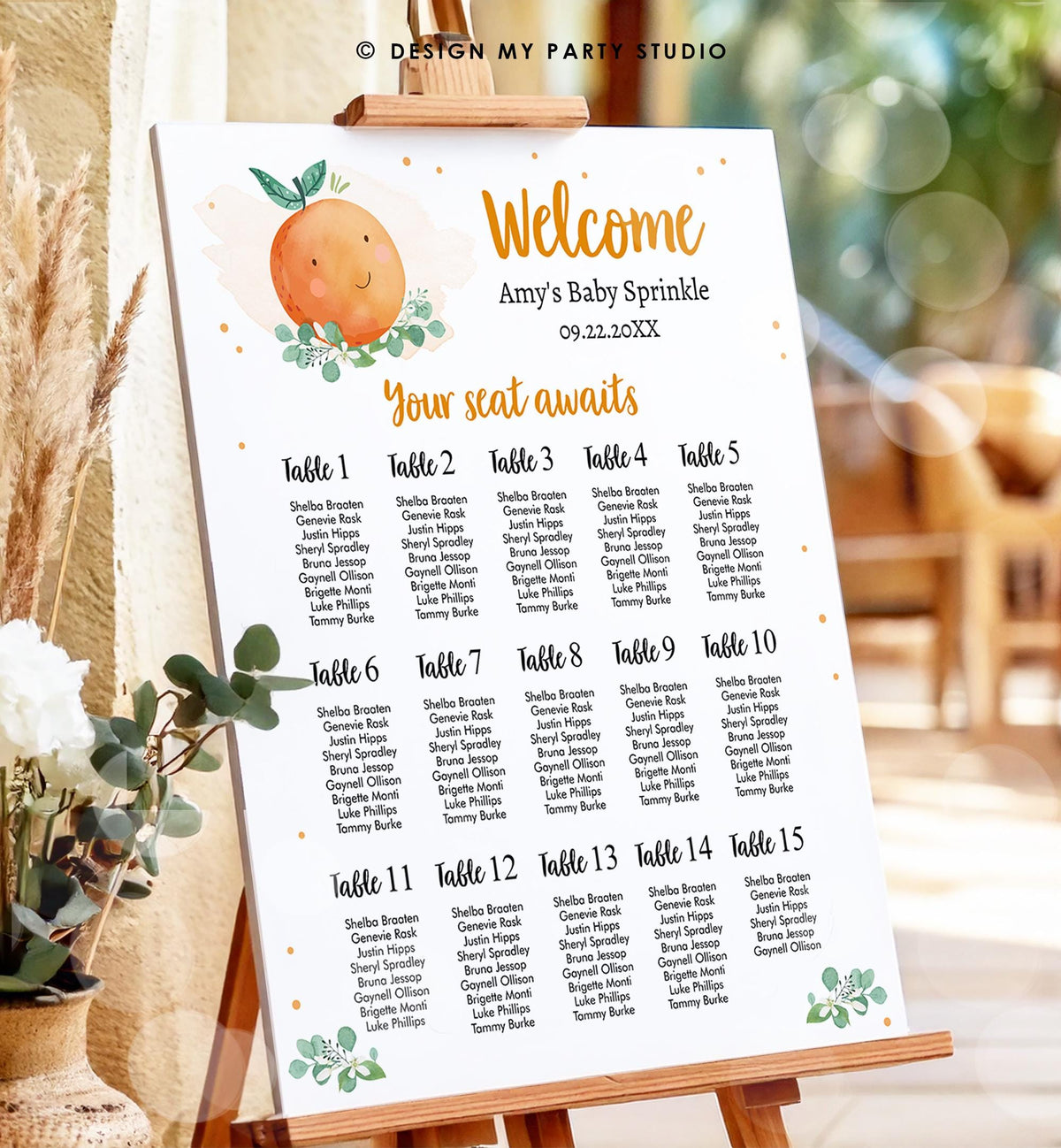Editable Little Cutie Seating Chart Baby Shower Seating Sign On the Way Orange Digital Download Template Printable 0430