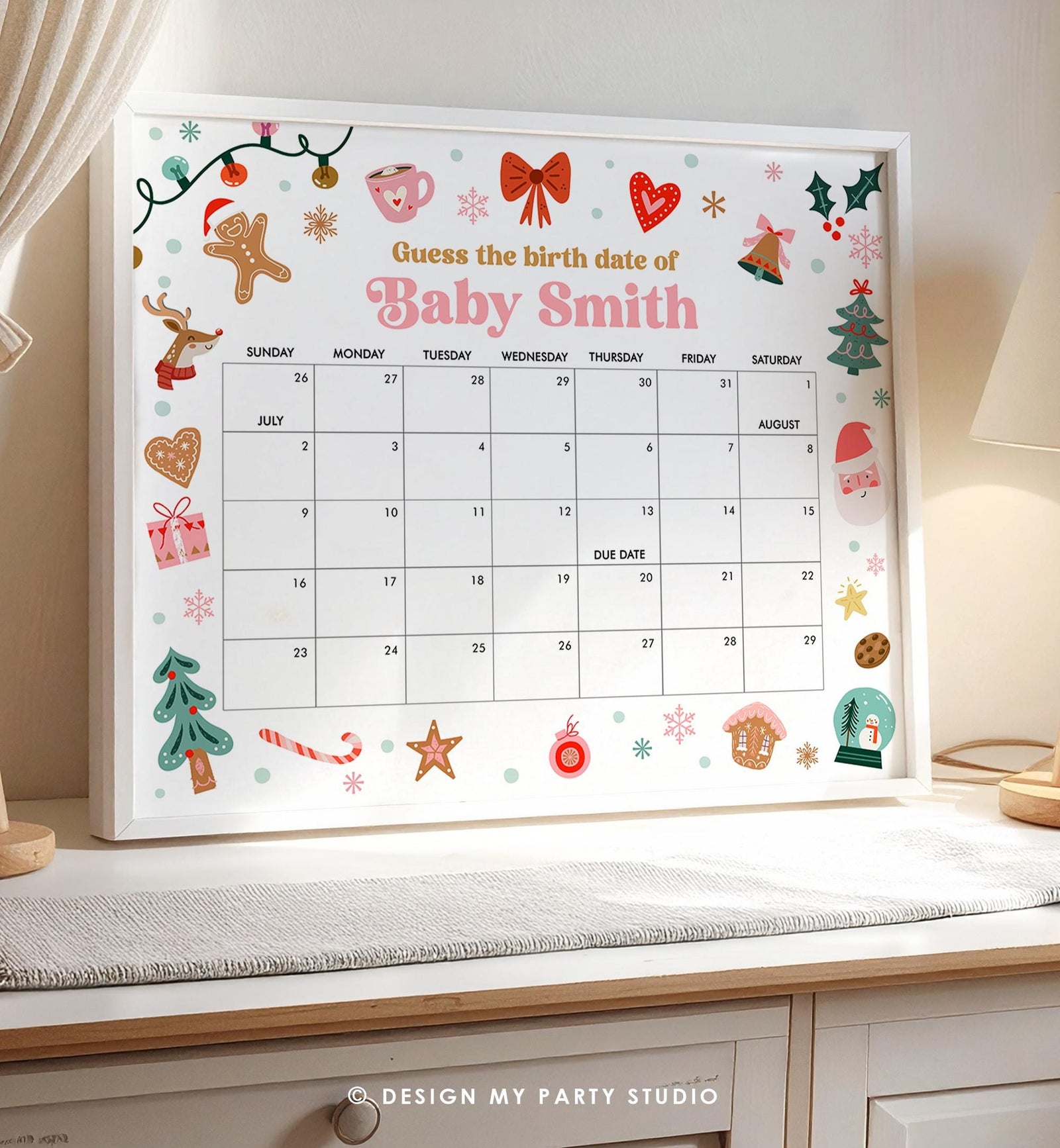 Editable Guess the Birth Date Christmas Baby Shower Game Guess Birthday Santa Gingerbread Cookies Holiday Winter Template Printable 0529