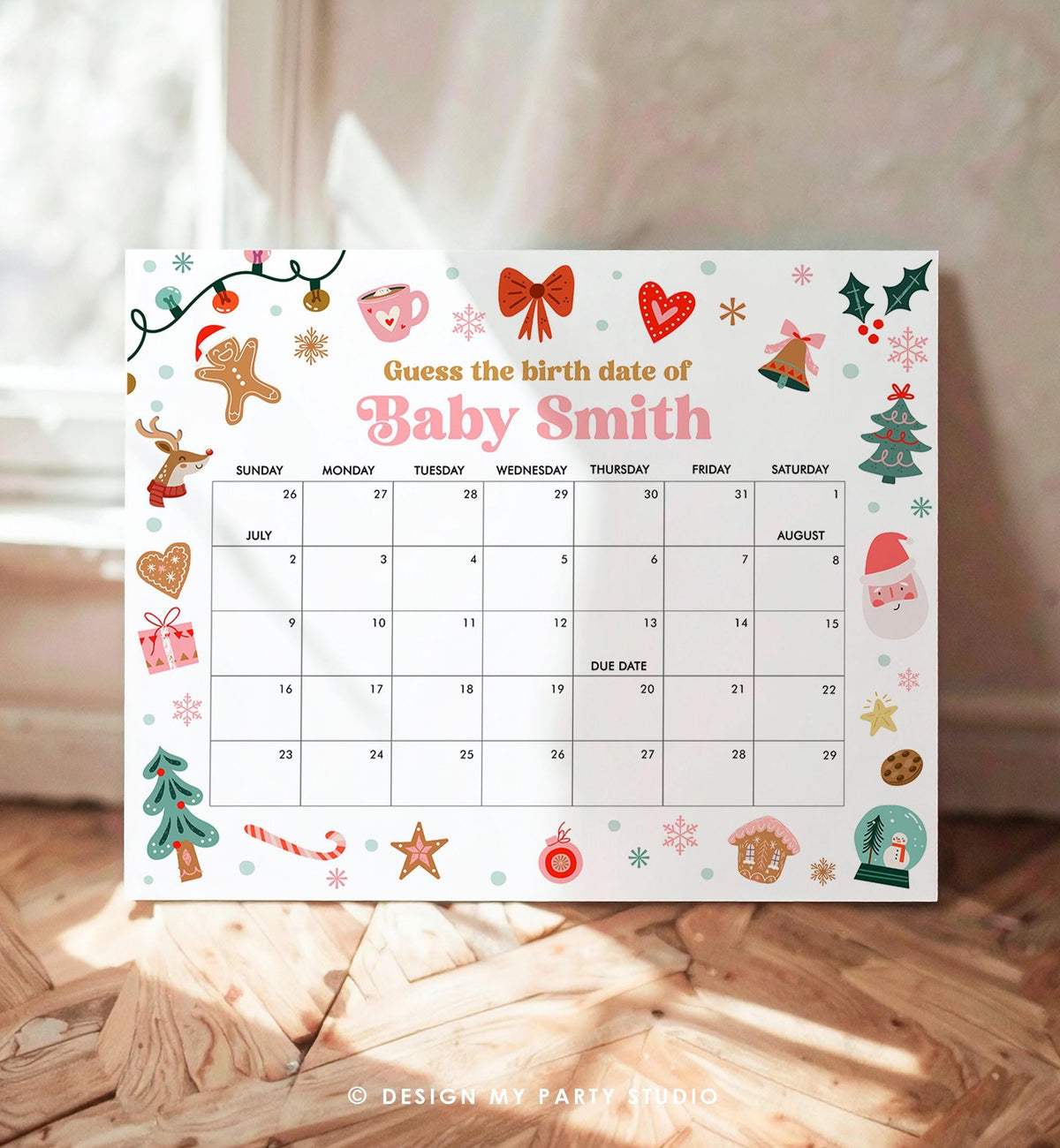 Editable Guess the Birth Date Christmas Baby Shower Game Guess Birthday Santa Gingerbread Cookies Holiday Winter Template Printable 0529
