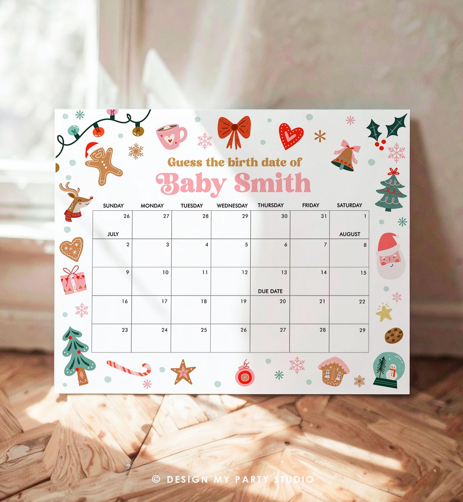 Editable Guess the Birth Date Christmas Baby Shower Game Guess Birthday Santa Gingerbread Cookies Holiday Winter Template Printable 0529