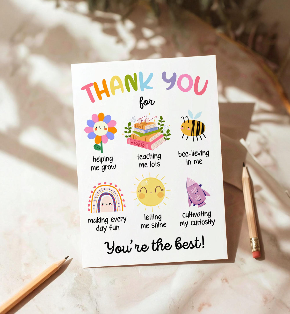 Printable Thank You Card Teacher Appreciation Card Gift Tag Preschool Daycare Best Teacher Flat Foldable Digital Printable Instant Download