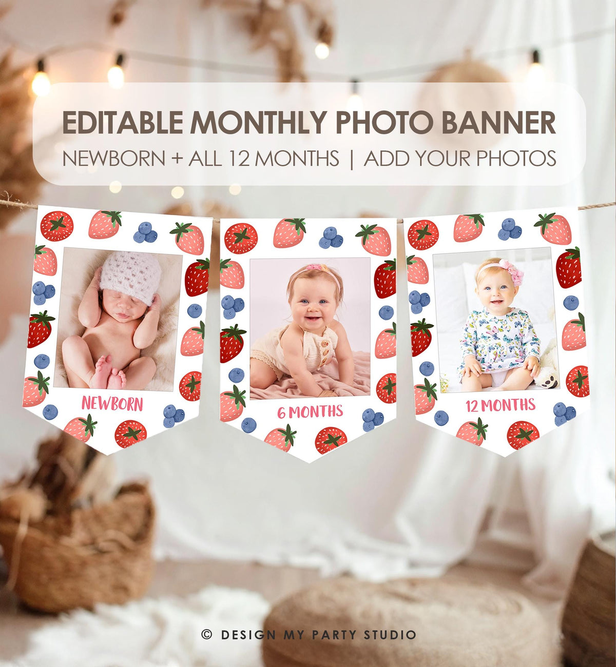 Editable Strawberry Blueberry First Birthday Monthly Photo Banner 1st Birthday Farmers Market Fruit Digital Download Template Printable 0506
