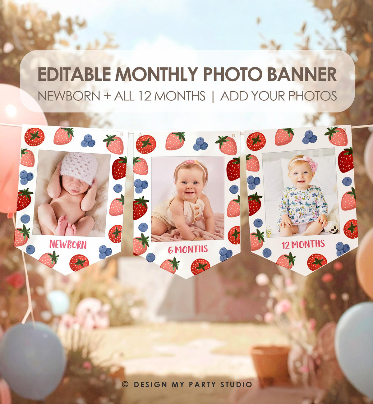 Editable Strawberry Blueberry First Birthday Monthly Photo Banner 1st Birthday Farmers Market Fruit Digital Download Template Printable 0506