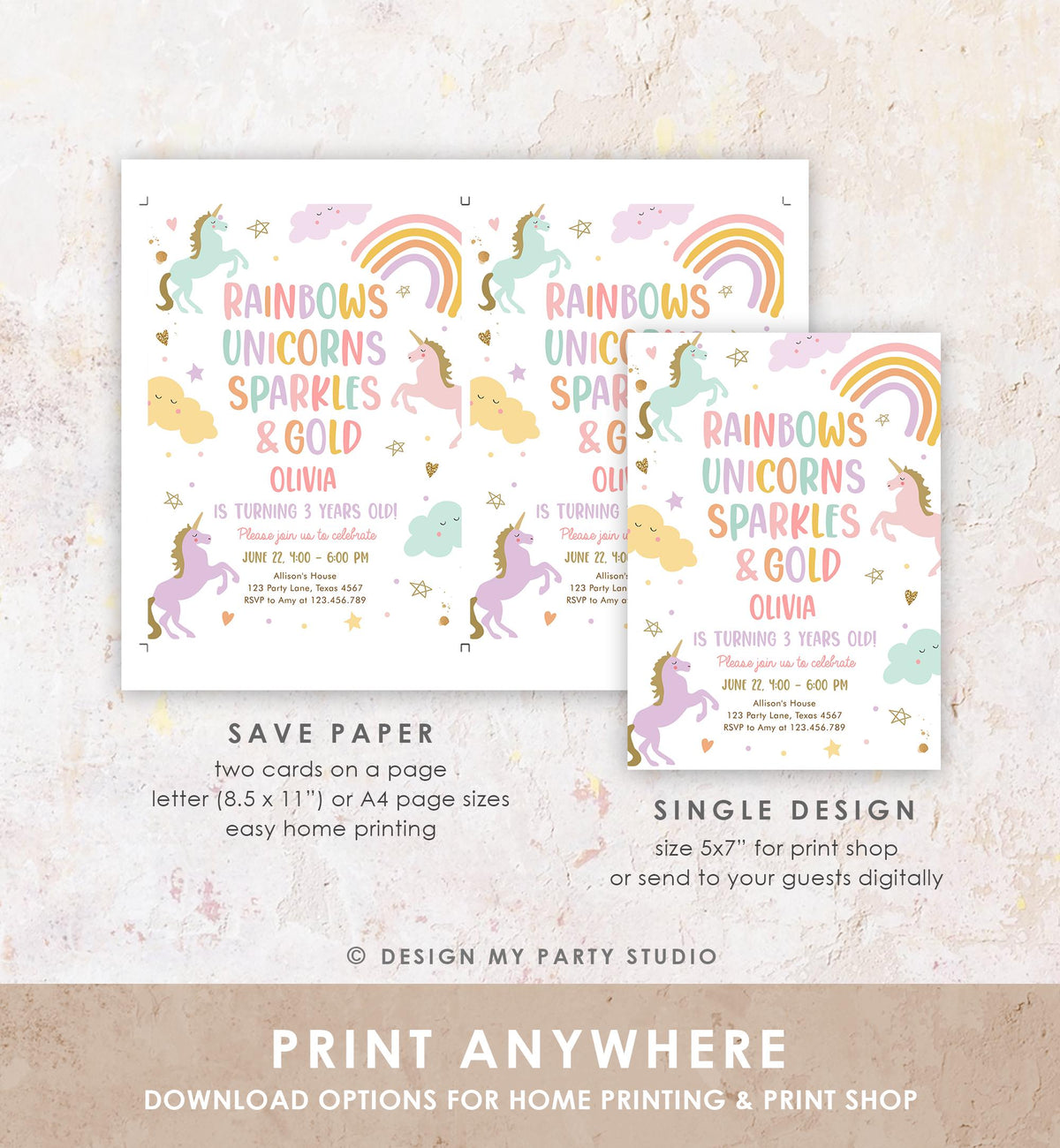 Editable Unicorn Birthday Invitation 3rd Third Birthday Rainbows Unicorns Sparkles and Gold Magical Digital Girl Template Printable 0426